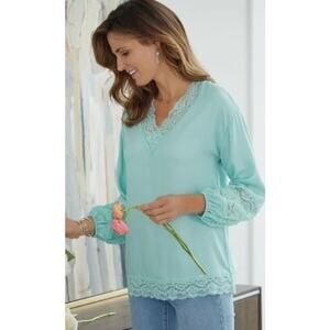 Soft Surroundings Medium Claudia Top Teal Dust Lace Trim V Neck Long Sleeves